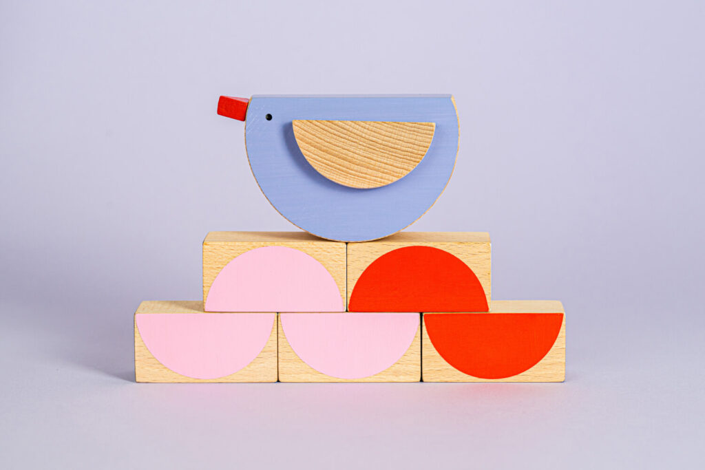 Lavender wooden bird and wooden cubes